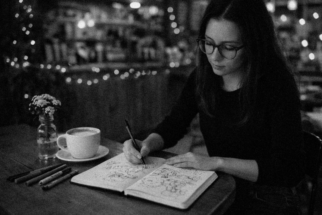 une jeune femme avec des lunettes assise entrain de dessiner sur un carnet avec une tasse de café sur sa droite et un petit pot de fleurs graphiste freelance elunia