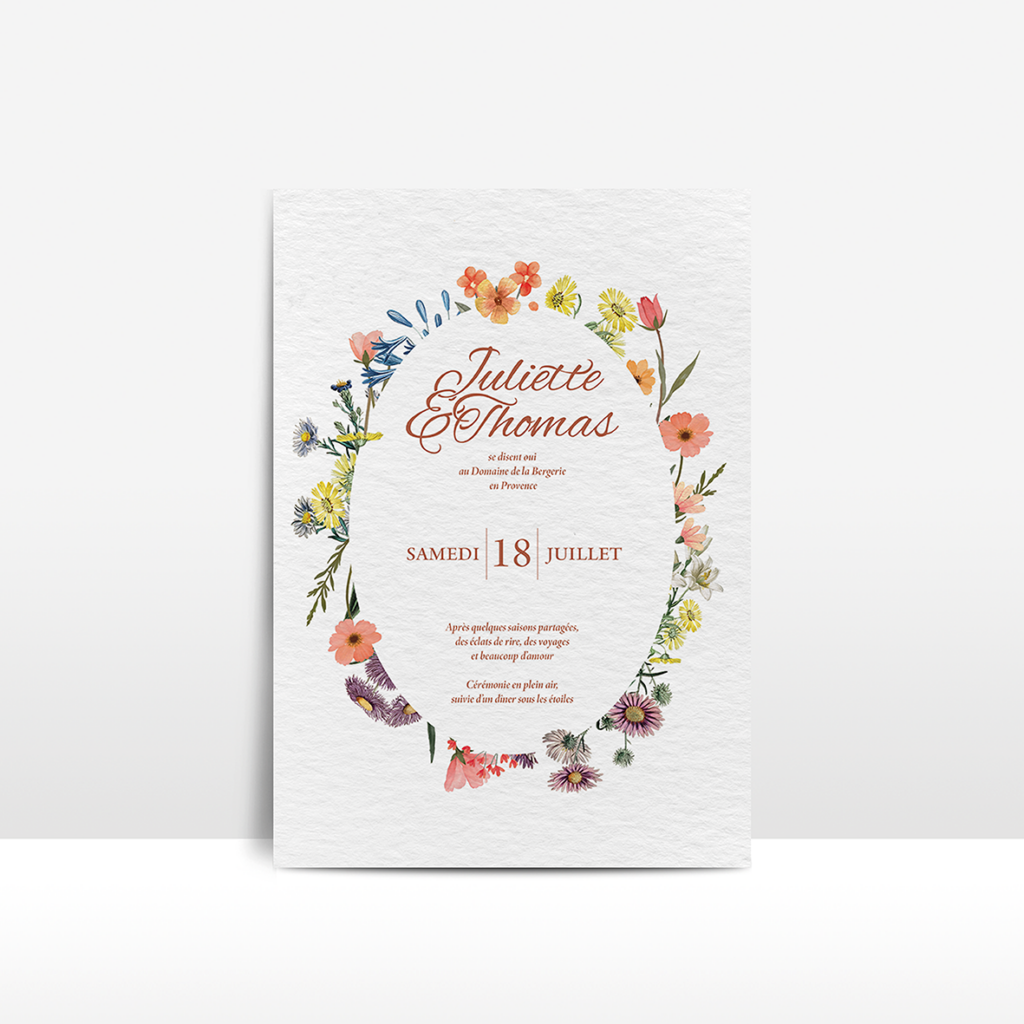FAIRE PART DE MARIAGE FLEURI DÉLICAT NATURE DOUX DOUCEUR JULIETTE ET THOMAS ELUNIA GRAPHISTE FREELANCE