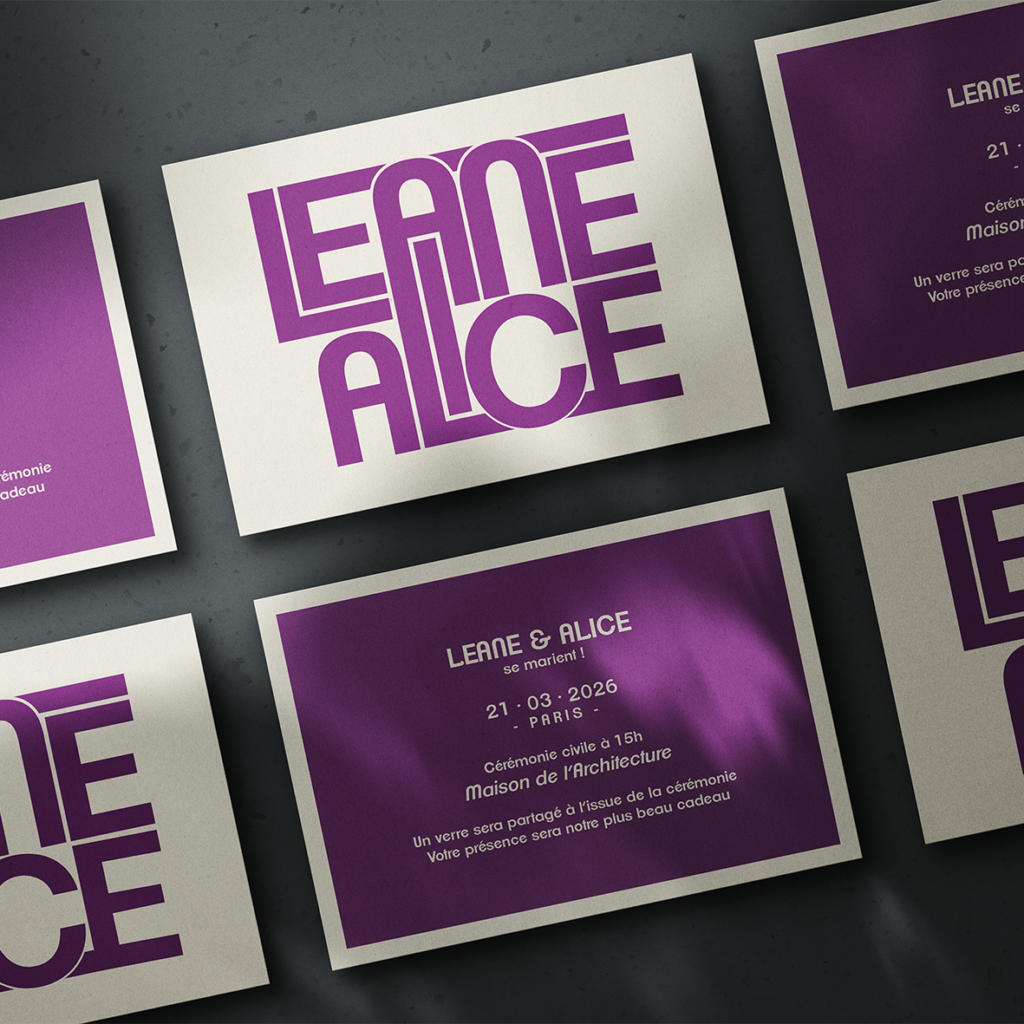 FAIRE PART DE MARIAGE VIOLET CHIC MINIMALISTE TYPOGRAPHIE CRÉATION ALICE ET LEANE ELUNIA GRAPHISTE FREELANCE