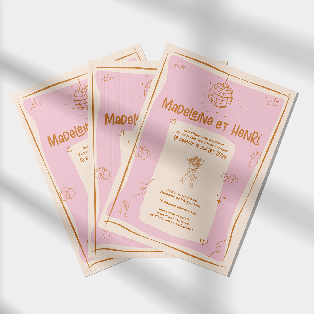 faire part de mariage rose et beige dessins fait à la main festif madeleine et henri ELUNIA GRAPHISTE FREELANCE