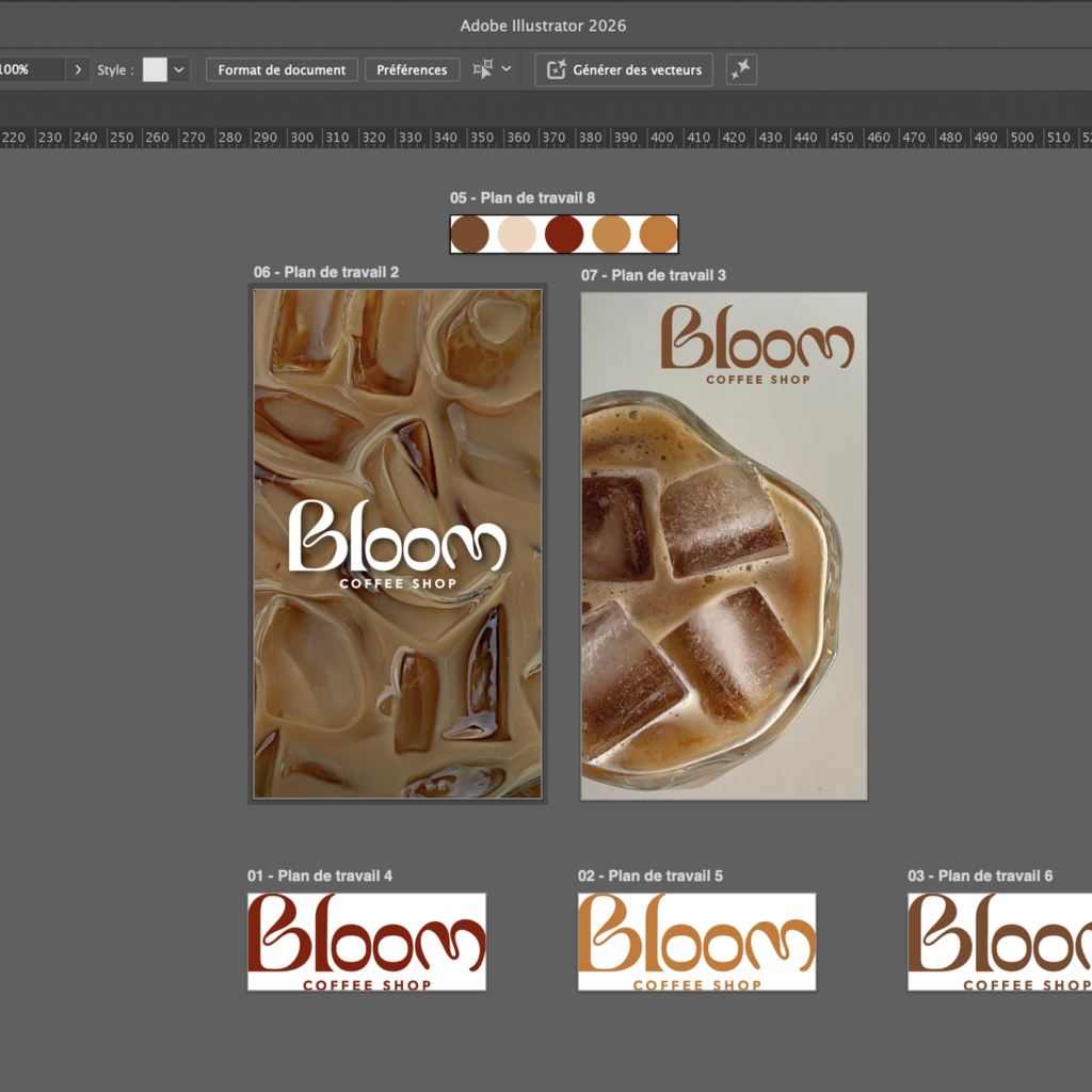 Logo Bloom café coffee bordeaux fun boisson illustrator adobe plan de travail - Bloom Coffee (Graphiste Freelance)
