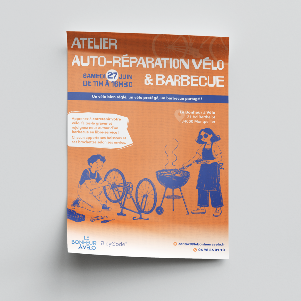 affiche stage été enfant Le Bonheur à Vélo, vélo école, association, bleu orange, formation ELUNIA GRAPHISTE FREELANCE