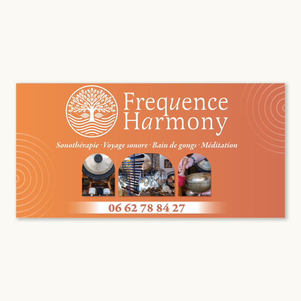 Logo pictogramme panneau dibond informations photos Frequence Harmony arbre bien être ondes orange Sud de la France - Frequence Harmony (Graphiste Freelance)